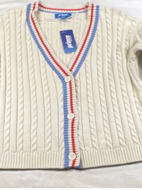Prince Sweaters - Pickle Ball Prince Cream Cable Knit Cardigan with Red & Blue Trim